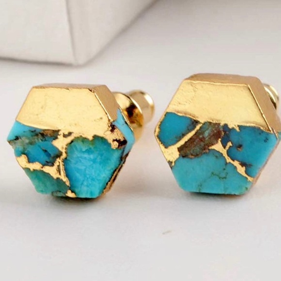 LAST PAIR! Woman’s Gold & Turquoise Stud Earrings - Picture 4 of 6